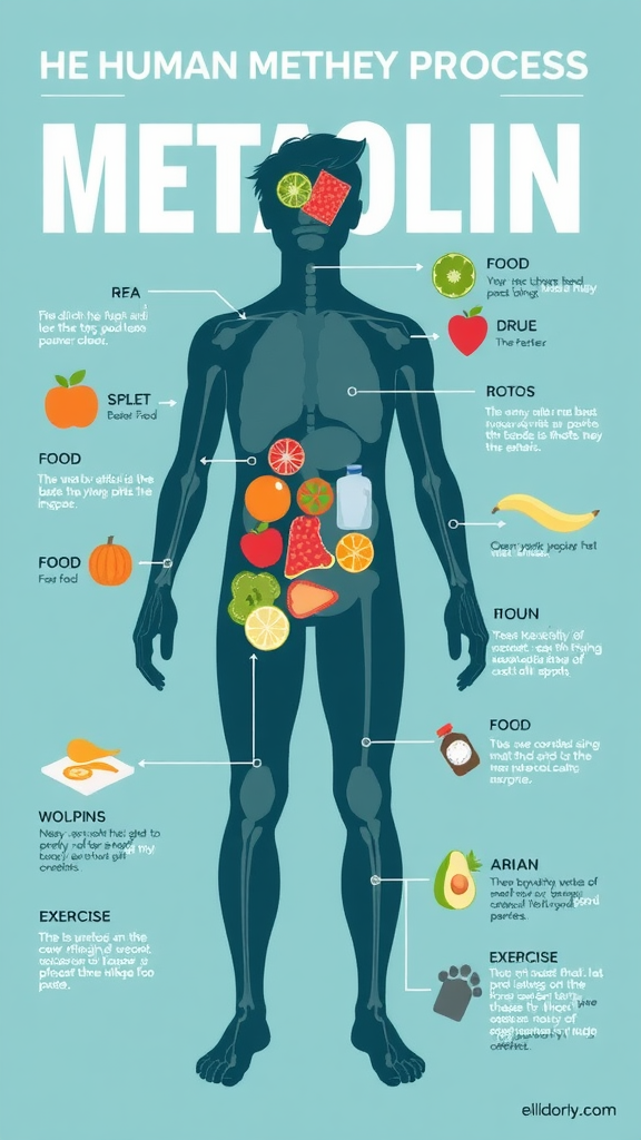 Infographic showing the human metabolism process with a silhouette and labeled organs.