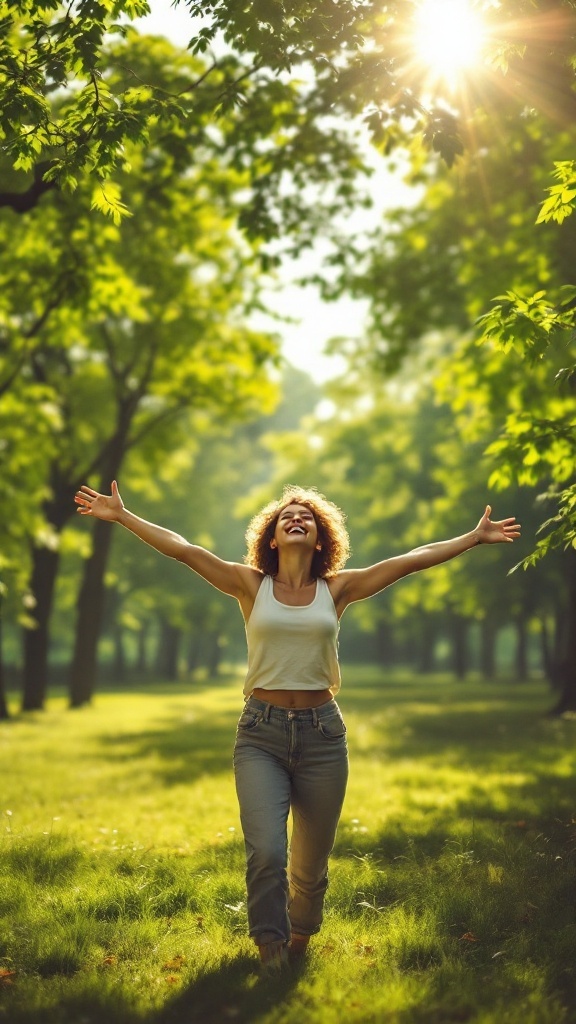 A joyful woman with arms outstretched in a sunlit park, symbolizing happiness and well-being.