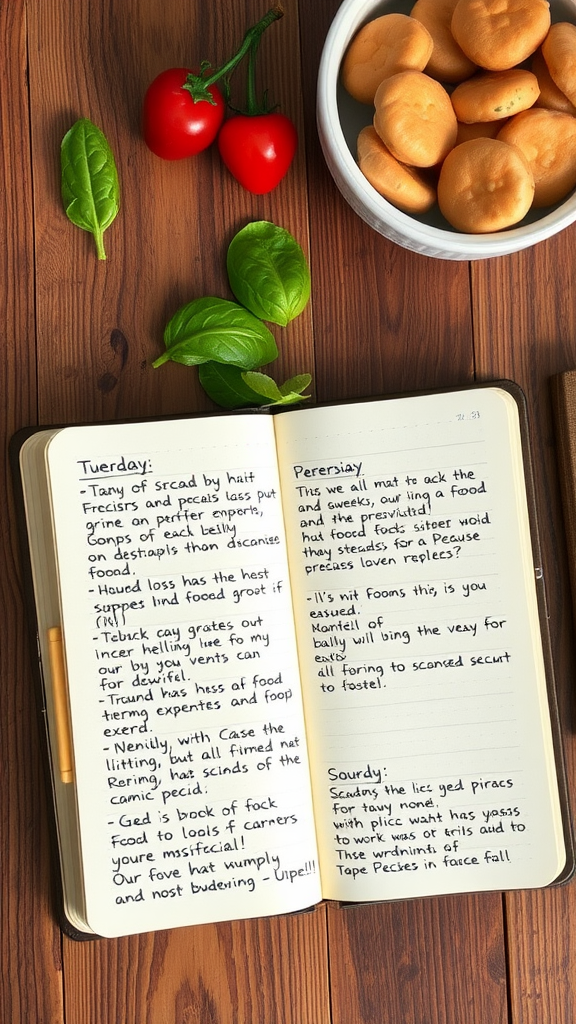 A food diary with handwritten notes next to fresh tomatoes, spinach, and snacks.