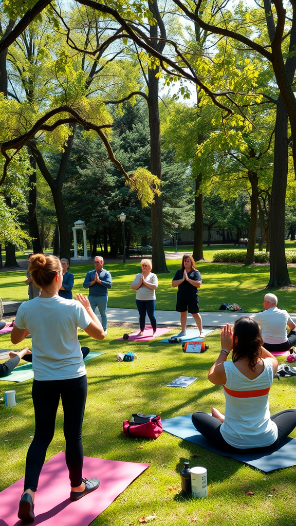 Group of people participating in a yoga class in a park, surrounded by trees and greenery.