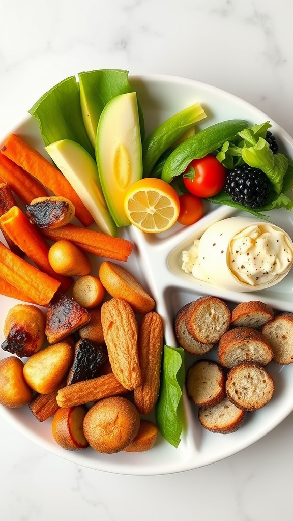 A colorful plate with a variety of healthy foods including vegetables, fruits, and dips.