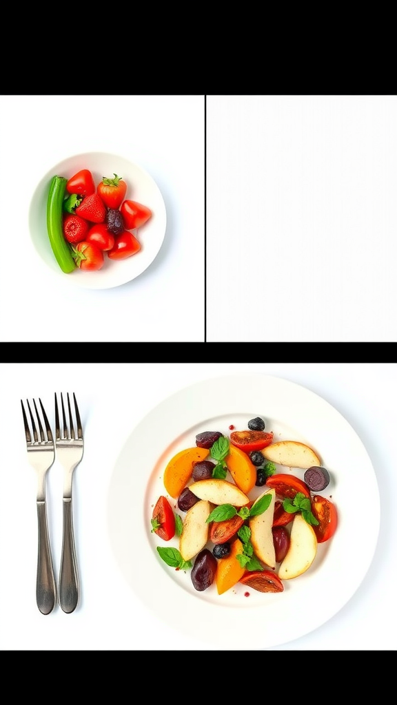 A comparison of a smaller plate with veggies and strawberries alongside a larger plate with a colorful fruit salad.