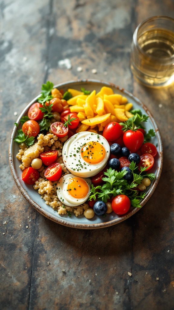 A colorful plate with eggs, cherry tomatoes, blueberries, grains, and mango slices.