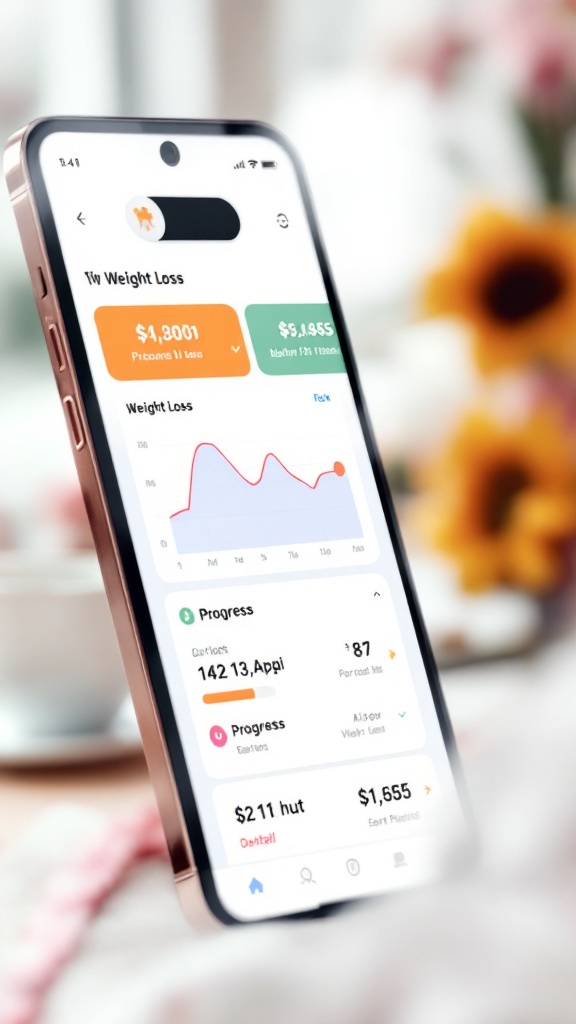 Smartphone displaying a weight loss tracking app with graphs and progress metrics.
