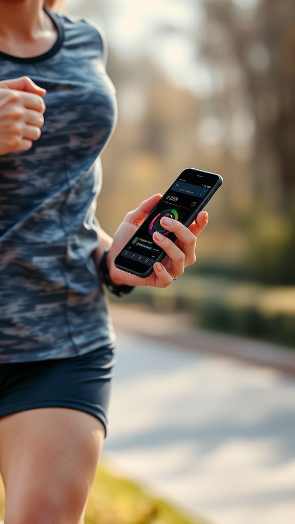 A person running while holding a smartphone displaying fitness tracking data.