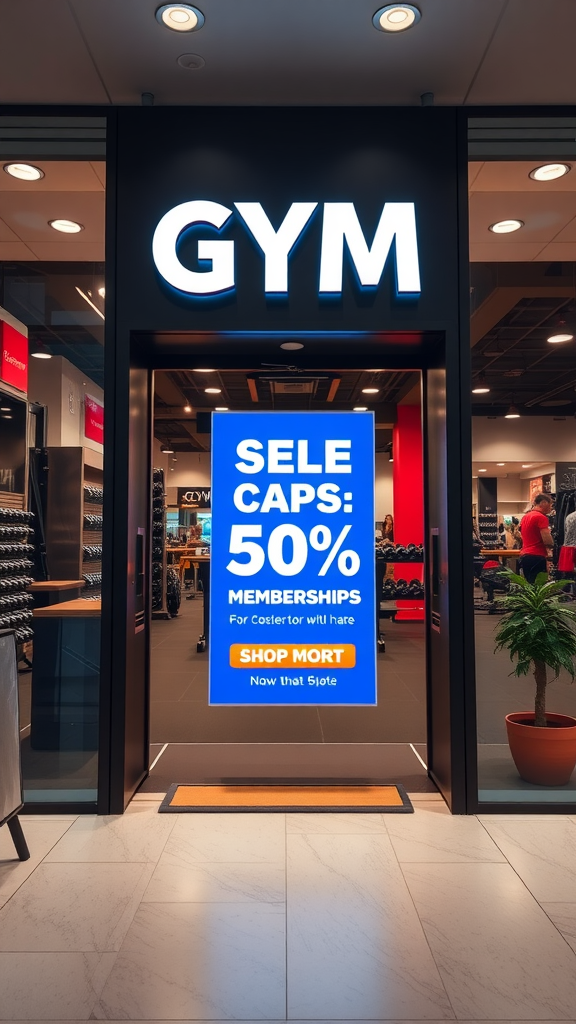 Gym entrance with sign offering 50% discount on memberships.