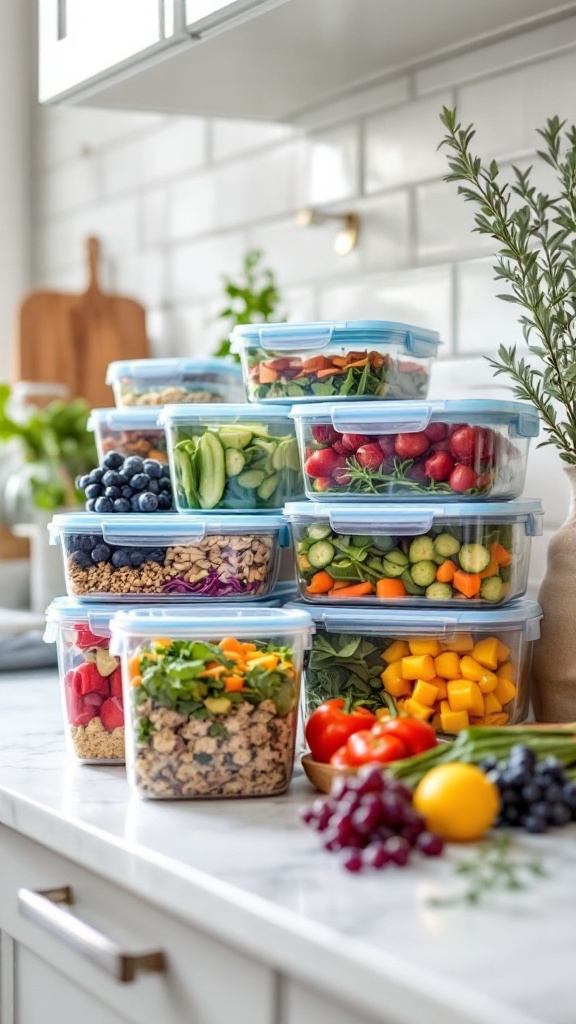 Colorful meal prep containers filled with fruits and vegetables on a kitchen counter.