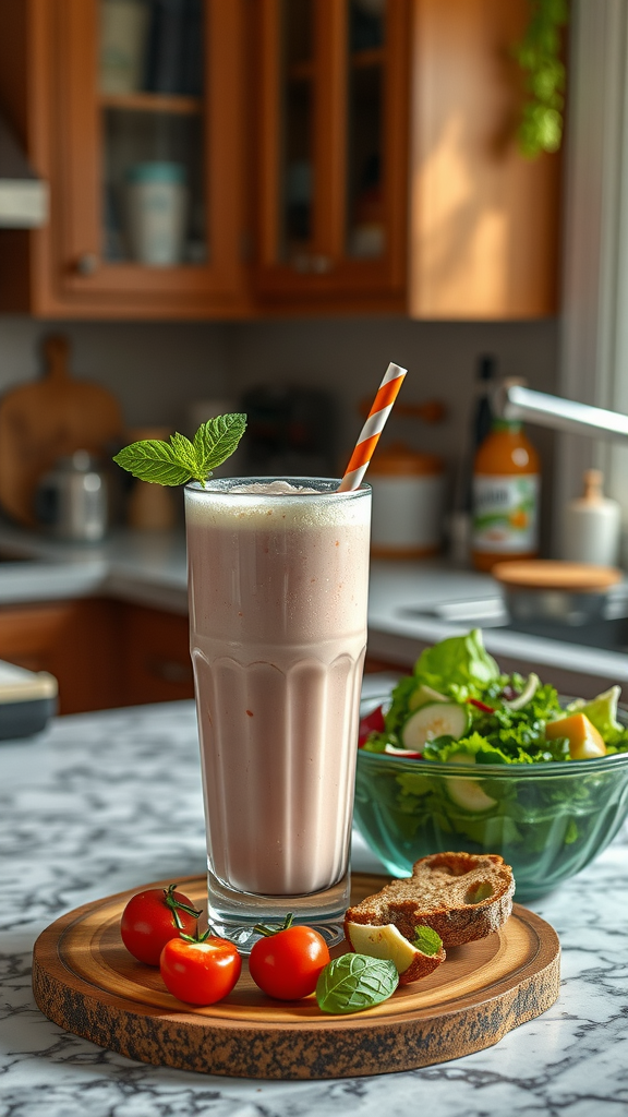 Three Maki Shake bottles in different flavors on a marble countertop with fresh strawberries