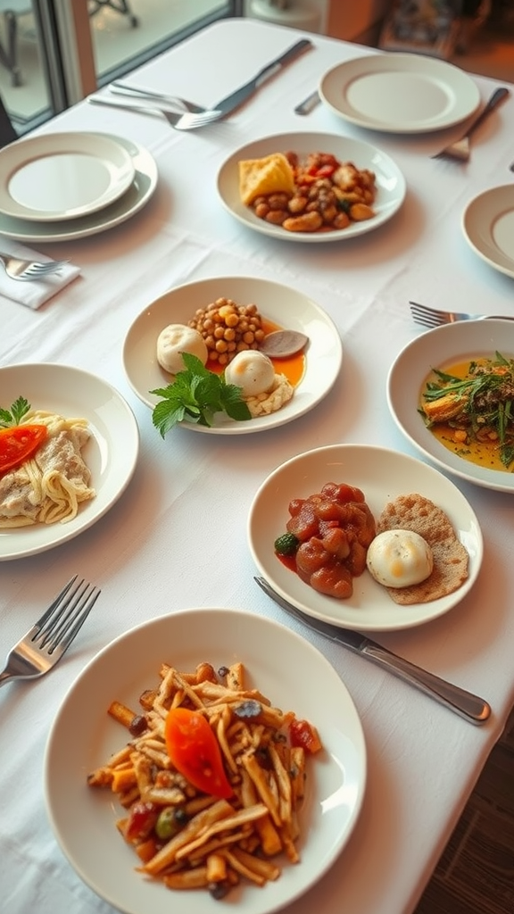 A table set with various dishes including pasta, dim sum, and vegetables.