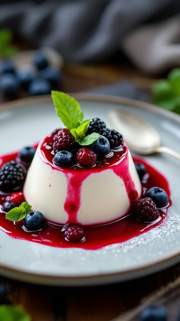 A delicious vanilla bean panna cotta topped with fresh berries and berry sauce on a plate