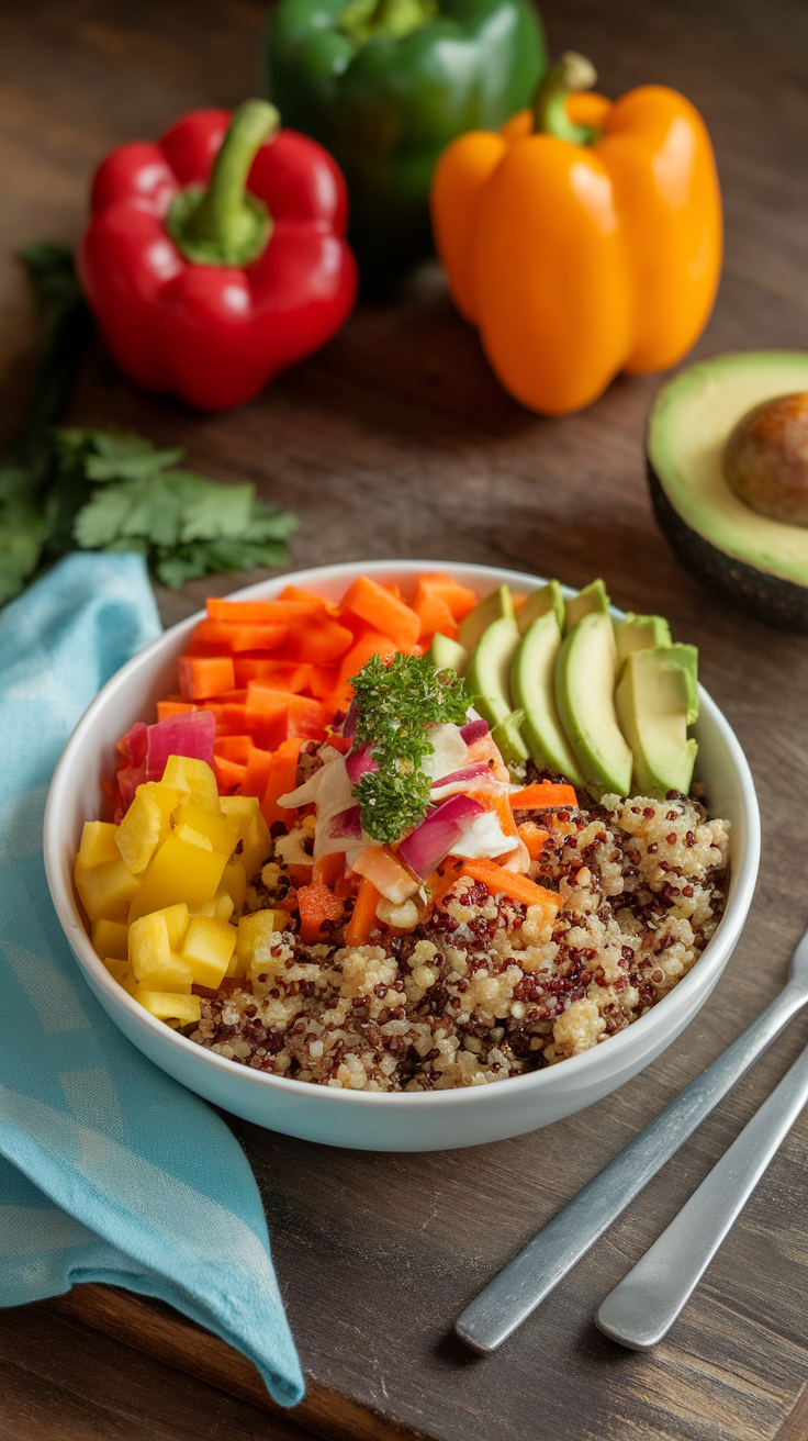 A colorful vegetable-loaded quinoa bowl with carrots, mango, bell peppers, avocado, and parsley.