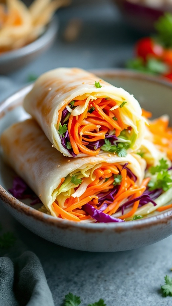 A plate of vegetable egg rolls filled with carrots, cabbage, and herbs.