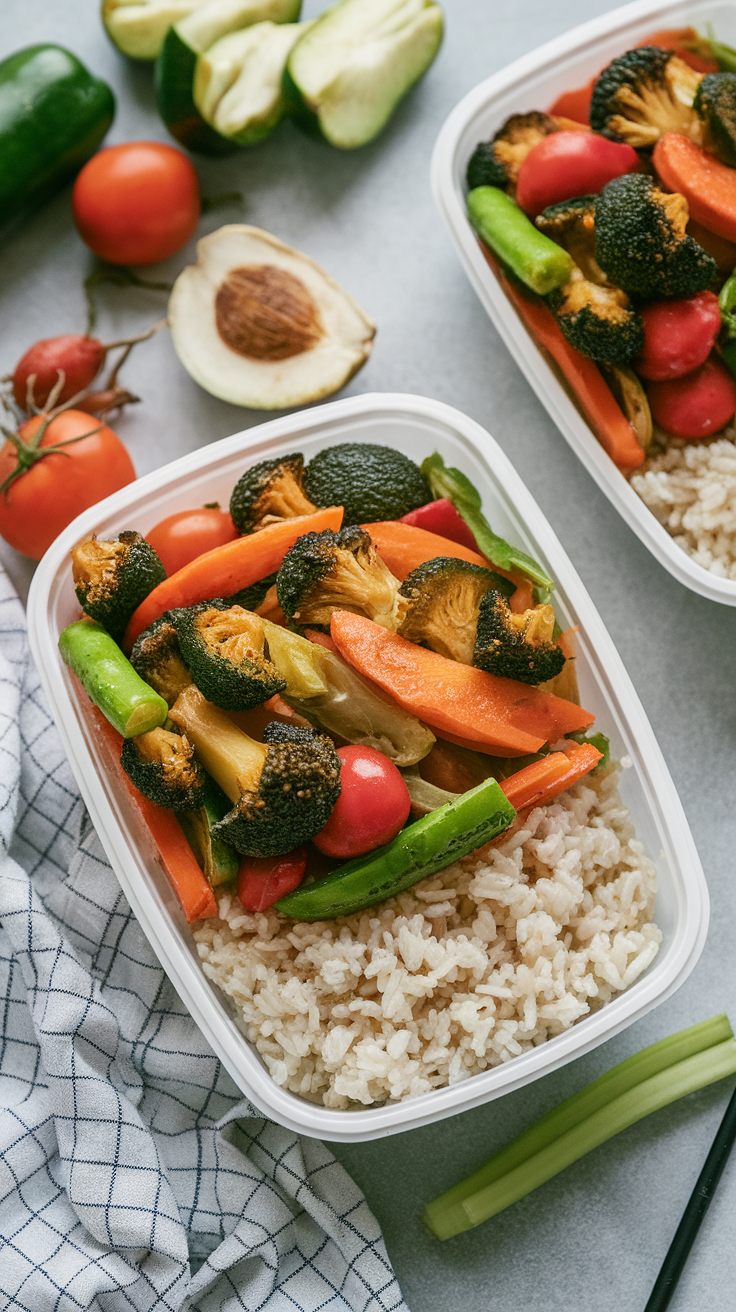 A colorful vegetable stir-fry with brown rice in a container, surrounded by fresh vegetables.