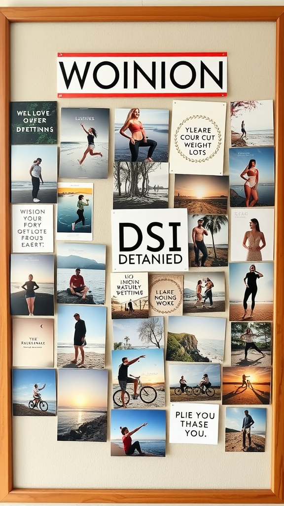 A vision board filled with motivational images and phrases related to fitness and goal-setting.