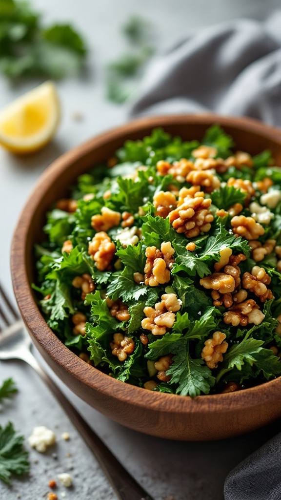 A vibrant bowl of walnut and kale salad with a lemon wedge on the side.