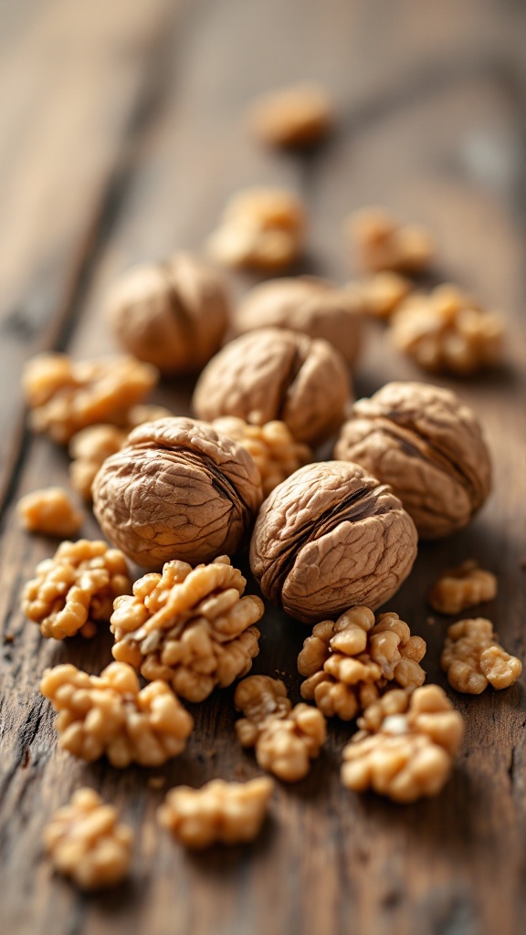 A close-up of whole and shelled walnuts on a wooden surface.