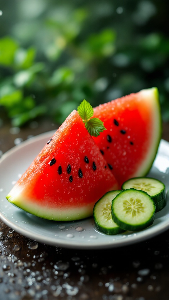 A plate with slices of watermelon and cucumber.