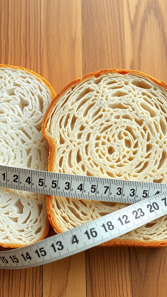 Two slices of white bread with a measuring tape around them on a wooden surface.