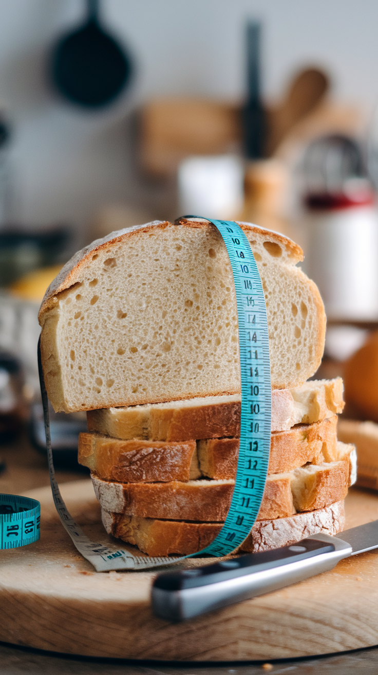 Slices of white bread stacked with a measuring tape around them, emphasizing portion control.