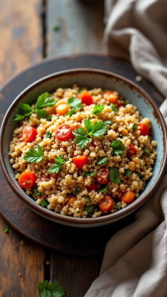 A bowl of couscous with cherry tomatoes and fresh herbs on a rustic wooden table.