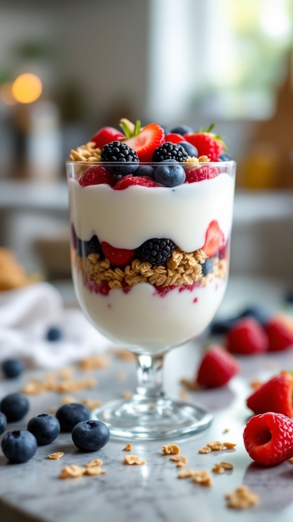 A yogurt parfait with layers of yogurt, berries, and granola in a glass.