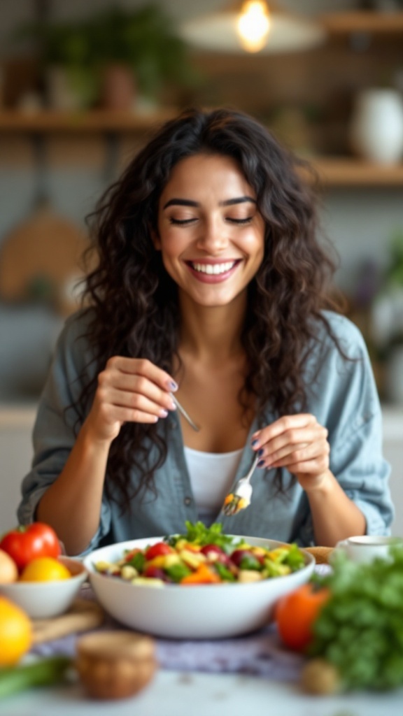 A woman happily enjoying a colorful salad, promoting the concept of mindful eating.