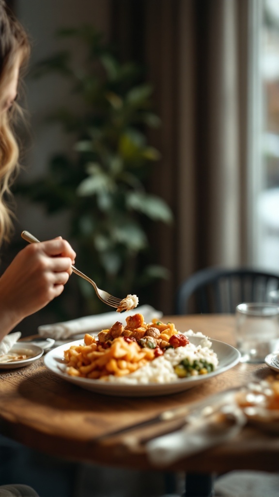 A person enjoying a plate of pasta and rice at a wooden table, focusing on their meal in a cozy environment.