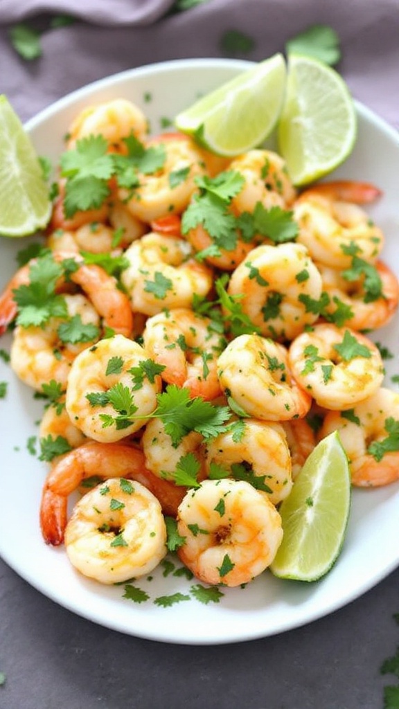 A plate of cilantro lime shrimp garnished with lime wedges and fresh cilantro.