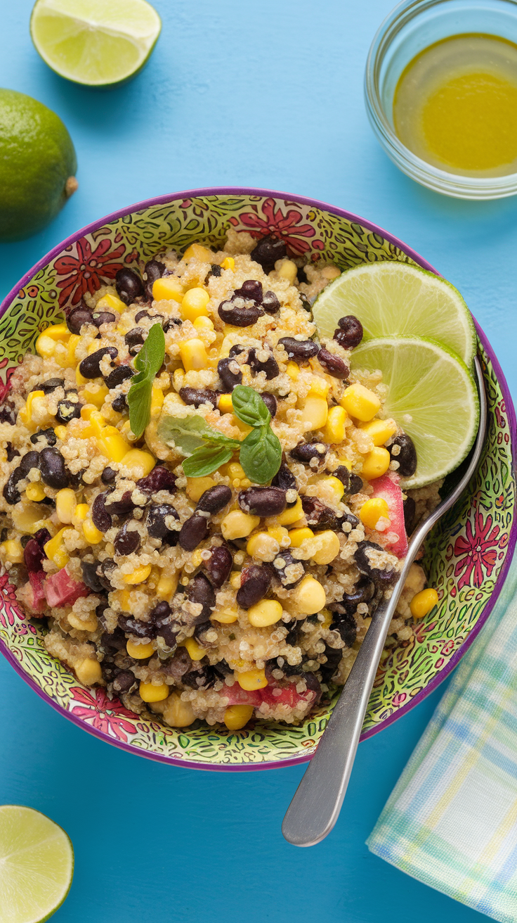 A colorful bowl of quinoa salad with black beans, corn, lime, and fresh mint.