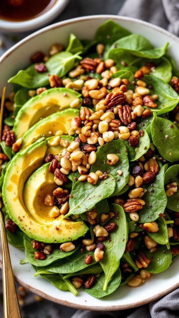 A zesty spinach salad with avocado slices, pine nuts, and pecans in a bowl.