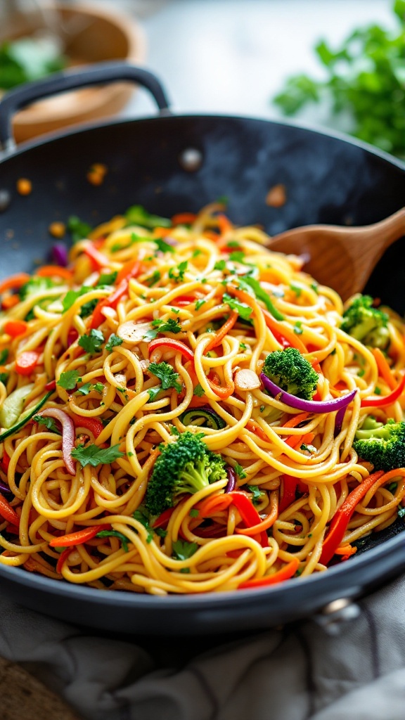 A colorful zoodle stir-fry with vegetables in a black wok, featuring red bell peppers, broccoli, and cilantro.