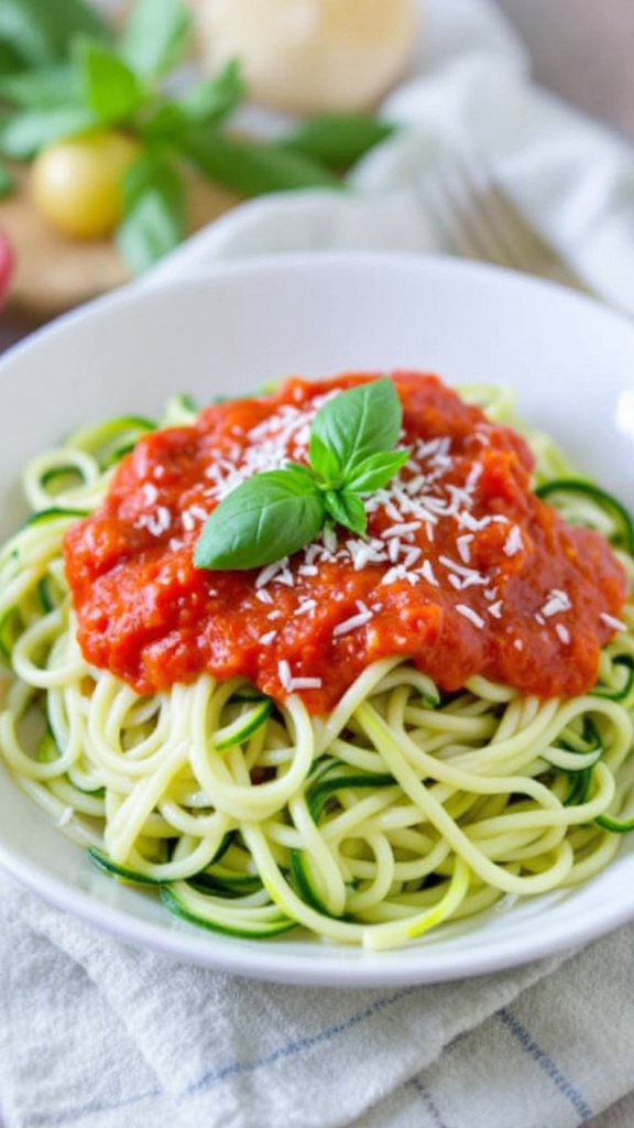 A bowl of zoodles topped with marinara sauce and basil.