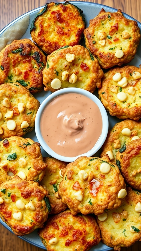 A plate of golden zucchini and cheese fritters with a creamy dipping sauce in the center.