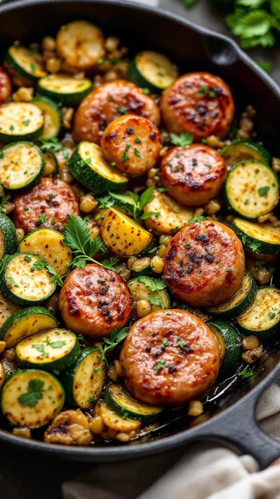 A skillet filled with sautéed zucchini and sausage, garnished with fresh herbs.