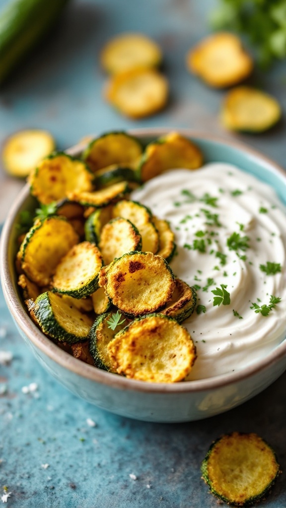 A bowl of crispy zucchini chips next to a creamy dip, garnished with herbs.