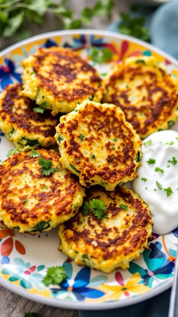 Plate of golden zucchini fritters with yogurt sauce and garnished with cilantro.