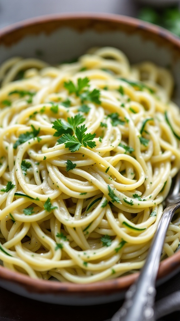 A close-up of zucchini noodles in a creamy Alfredo sauce garnished with parsley.