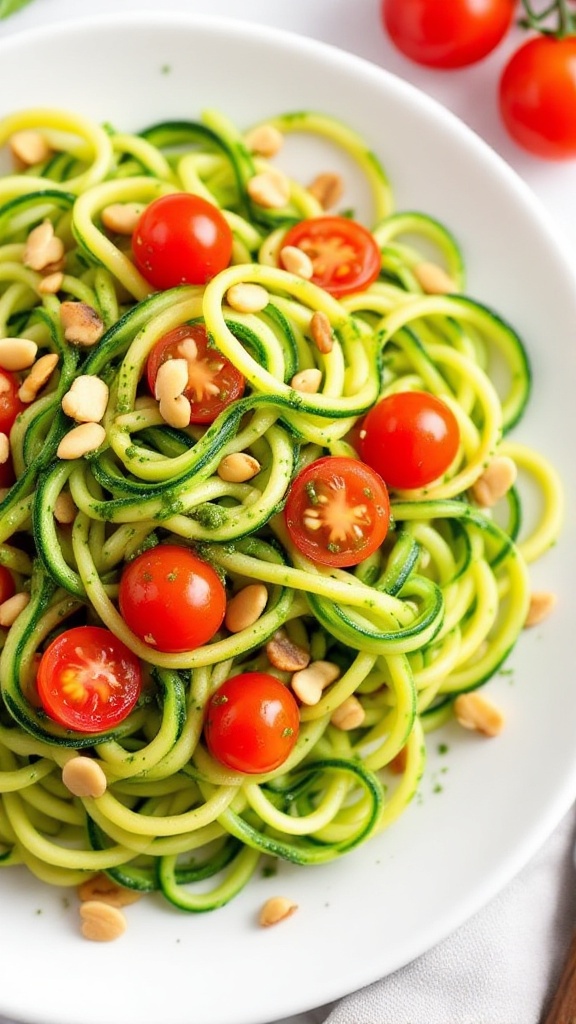 Bowl of zucchini noodles topped with cherry tomatoes and pine nuts