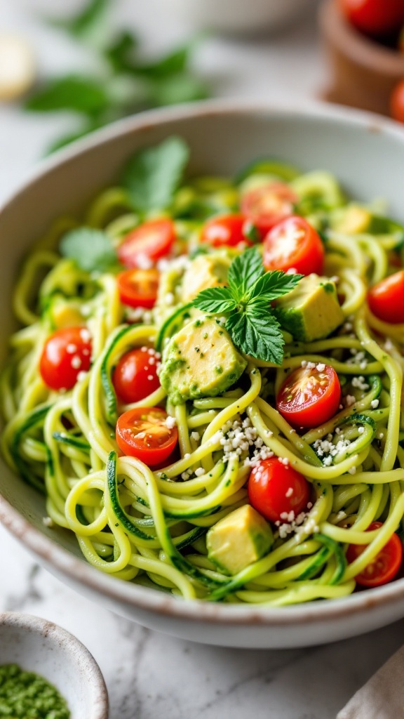 A bowl of zucchini noodles topped with avocado pesto, cherry tomatoes, and fresh mint.