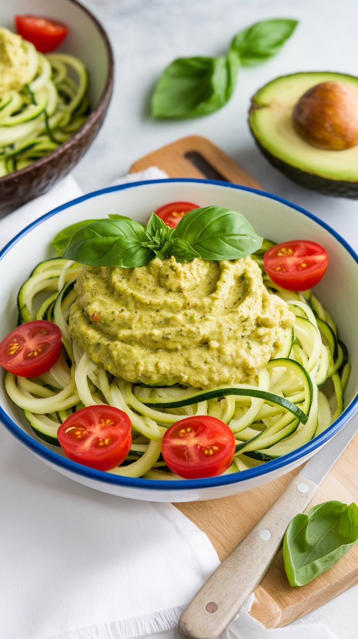 A bowl of zucchini noodles topped with avocado pesto and cherry tomatoes, garnished with fresh basil.