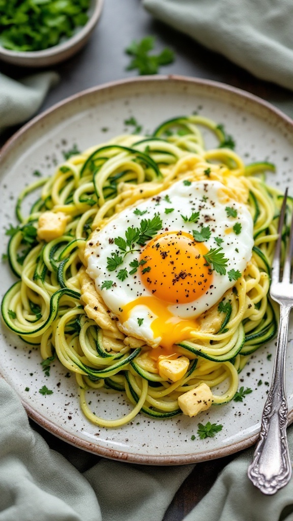 Plate of zucchini noodles topped with a sunny side up egg and sprinkled with fresh herbs.