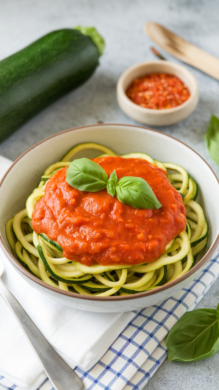 A bowl of zucchini noodles topped with marinara sauce and fresh basil, with a zucchini and spices in the background.