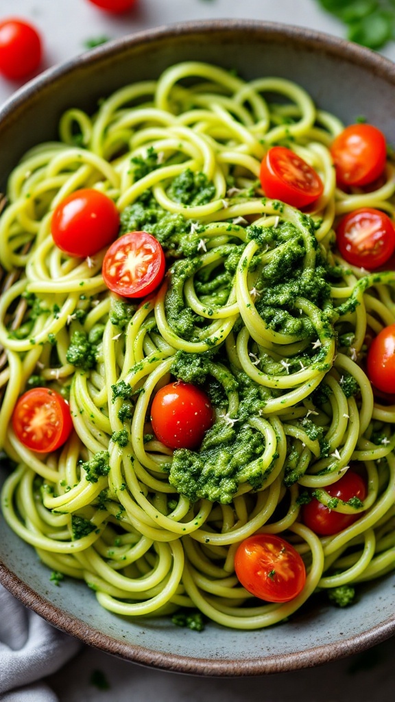 Bowl of zucchini noodles with pesto and cherry tomatoes