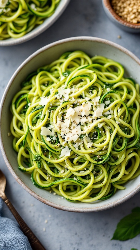 A bowl of zucchini noodles topped with pesto and cheese shavings, garnished with sesame seeds.