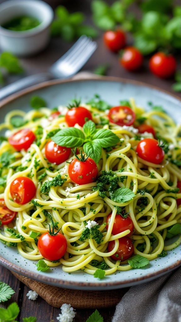 A plate of zucchini noodles with pesto, topped with cherry tomatoes and fresh basil.