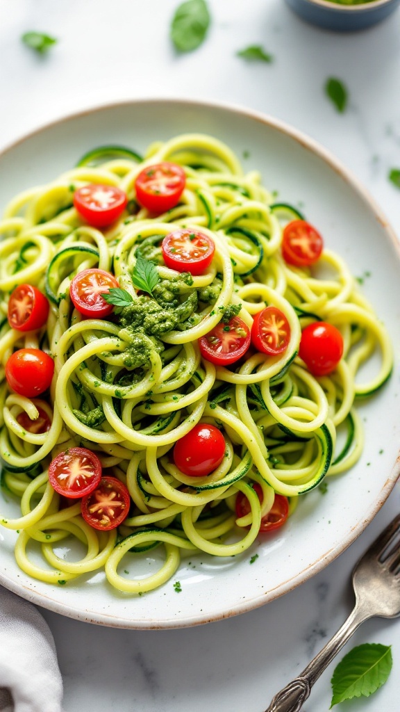 A plate of zucchini noodles topped with pesto and cherry tomatoes.