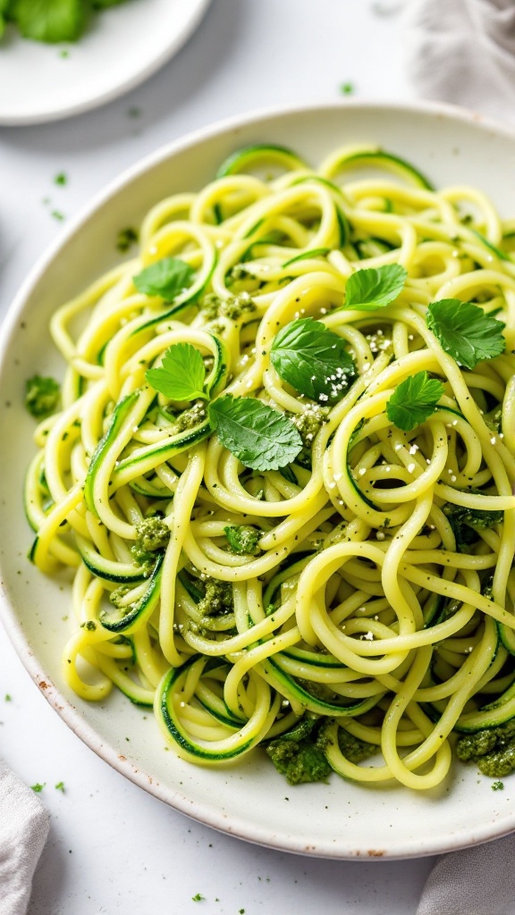 A bowl of zucchini noodles topped with pesto and fresh herbs.