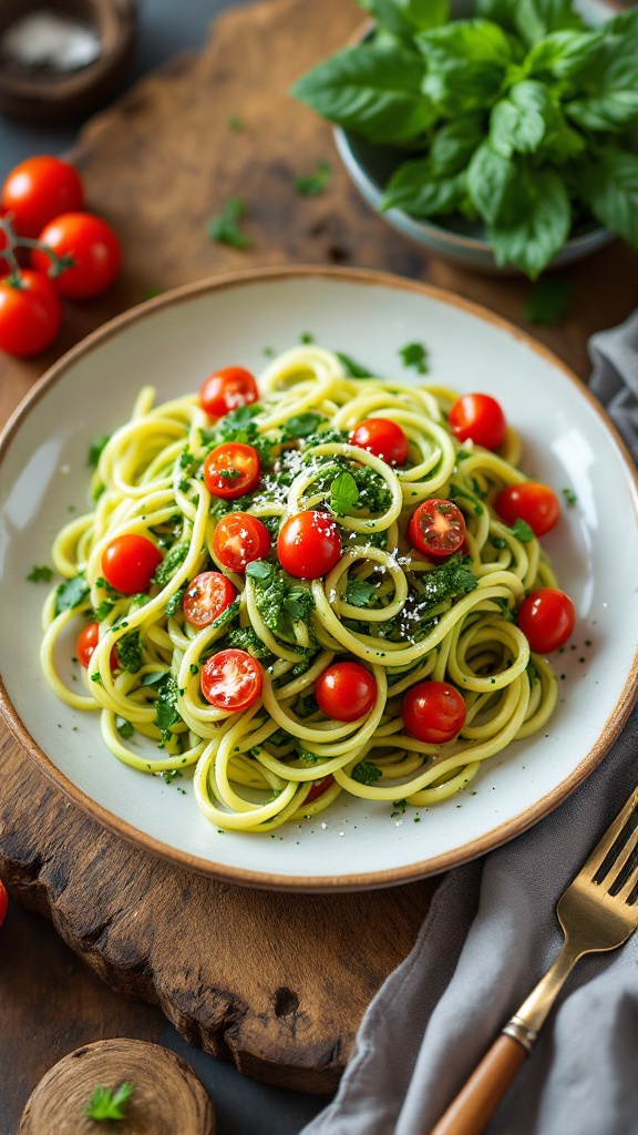 Plate of zucchini noodles with pesto, topped with cherry tomatoes, on a wooden board.