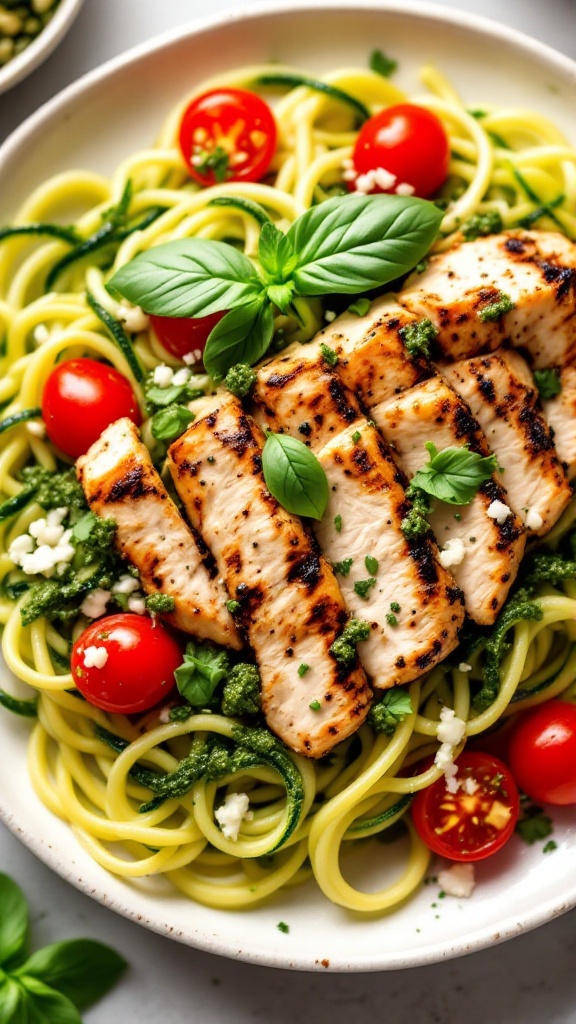 Plate of zucchini noodles topped with pesto, grilled chicken strips, cherry tomatoes, and fresh basil