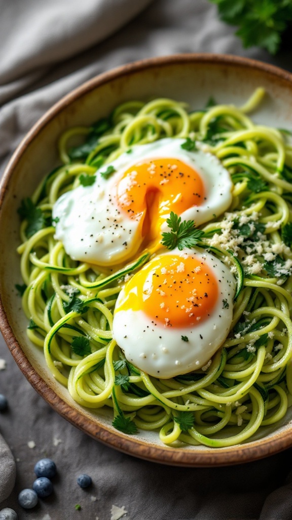 A bowl of zucchini noodles topped with poached eggs and fresh herbs